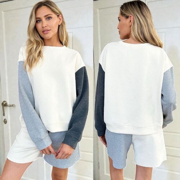 Blue Contrast Color Block Drop Shoulder Long Sleeve Top & Shorts Lounge Set NWT - Picture 7 of 13